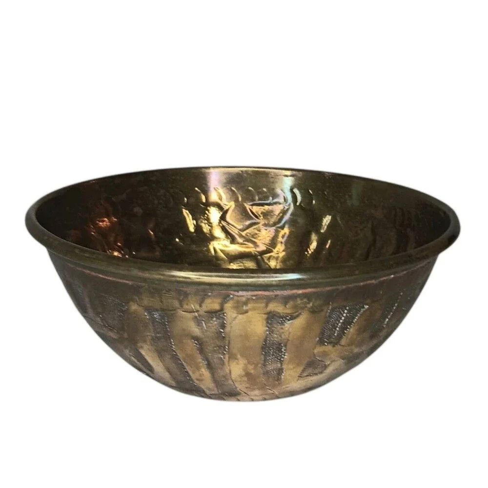 Vintage Hammered Brass Alms Finger Bowl Or Trinket Dish Embossed Designs 5